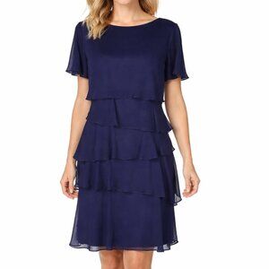 Tahari ASL Dress Size 10 Navy Blue Tiered Chiffon Layers Flutter Sleeve New